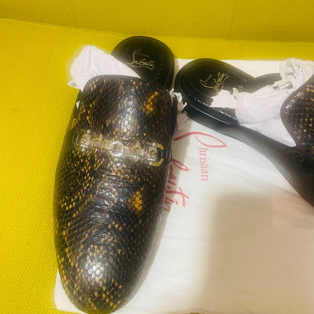 Christian Louboutin Black and Brown Snakeskin Logo Mule Slides